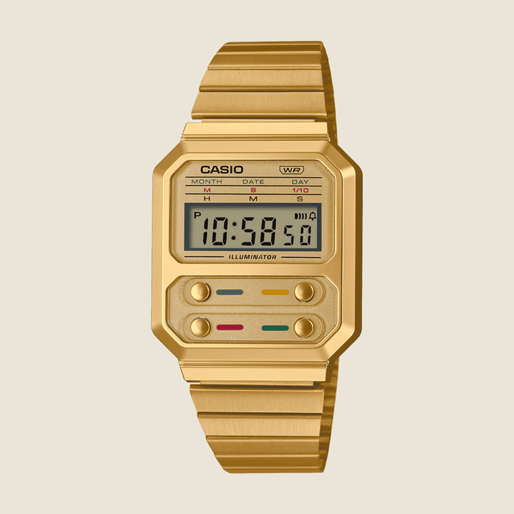 שעון Casio A100WEG-9A וינטאג' דיגיטלי — ציפוי זהב, עיצוב F-100 קלאסי | Dialoria