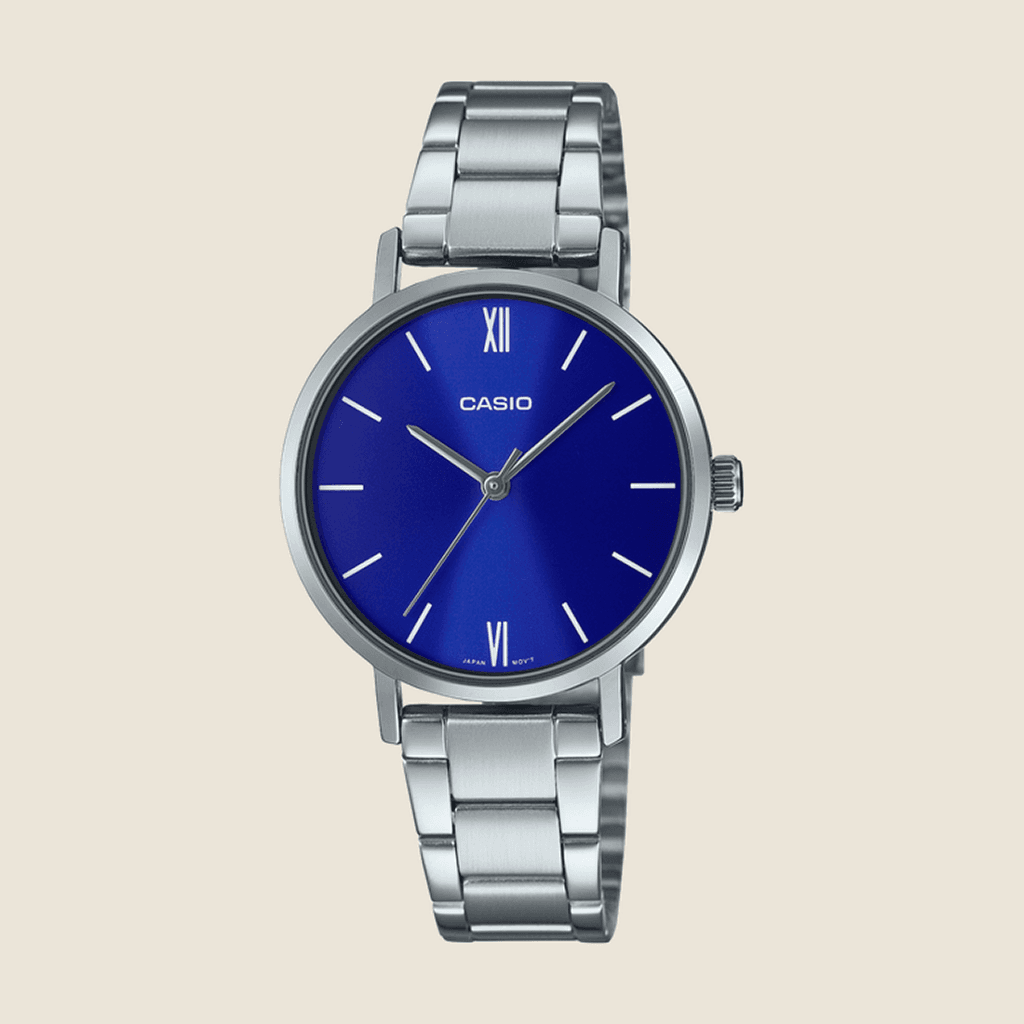 שעון Casio LTP-VT02D-2A לנשים — מינימליסטי, לוח כחול, פלדה | Dialoria