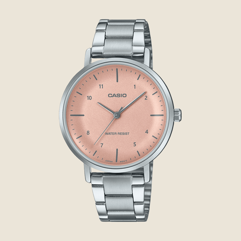 שעון Casio LTP-VT03D-4B לנשים — לוח ורוד קמור, מינימליסטי | Dialoria