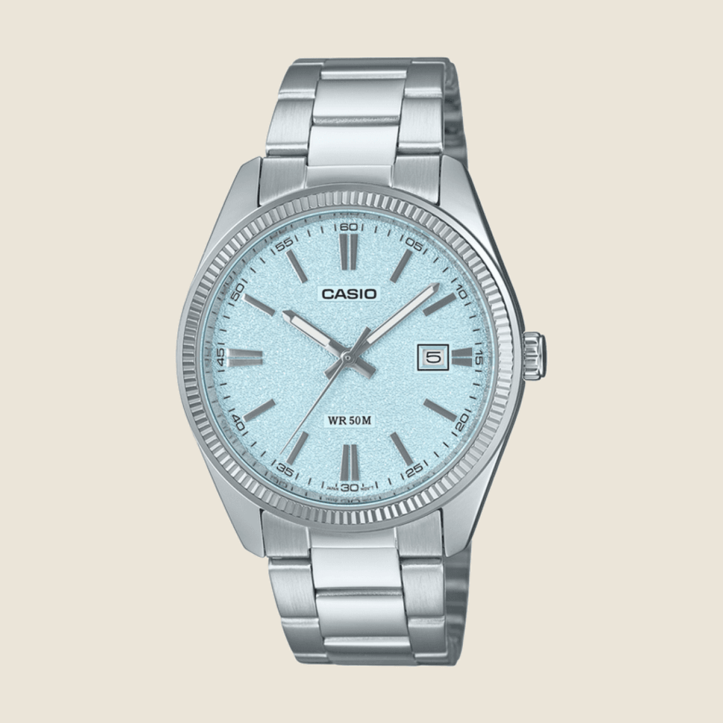 שעון Casio MTP-1302DA-2A2 לגברים — לוח כחול, ציפוי יוני, תאריך | Dialoria