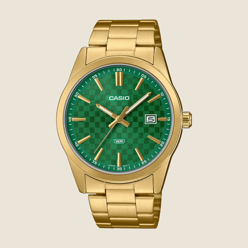 שעון Casio MTP-VD03G-3AU לגברים — זהב, לוח ירוק, תאריך | Dialoria