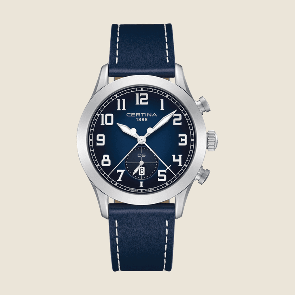 שעון Certina DS Pilot C024.617.16.042.00 לגברים — קוורץ כרונוגרף, 43mm, לוח כחול, עור | Dialoria