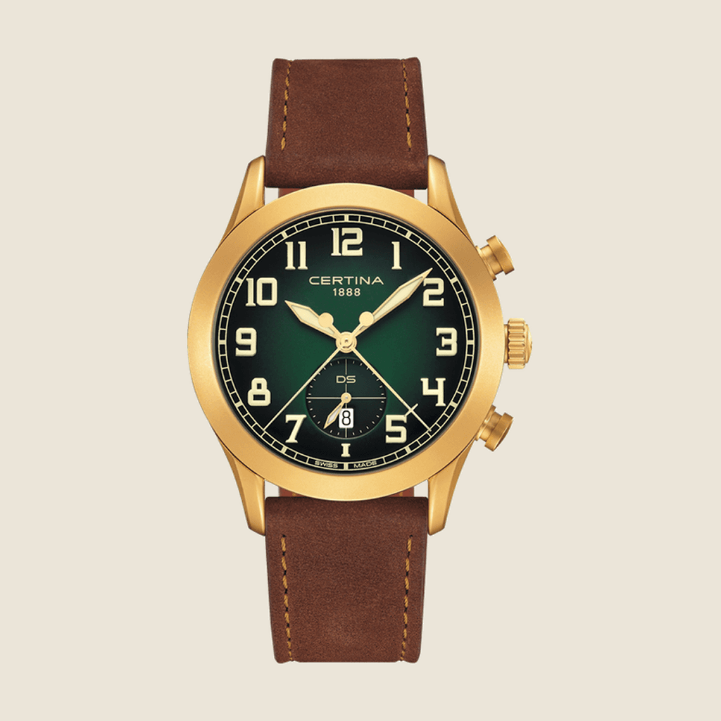 שעון Certina DS Pilot C024.617.36.092.00 לגברים — Rose Gold PVD, לוח ירוק, סיליקון | Dialoria