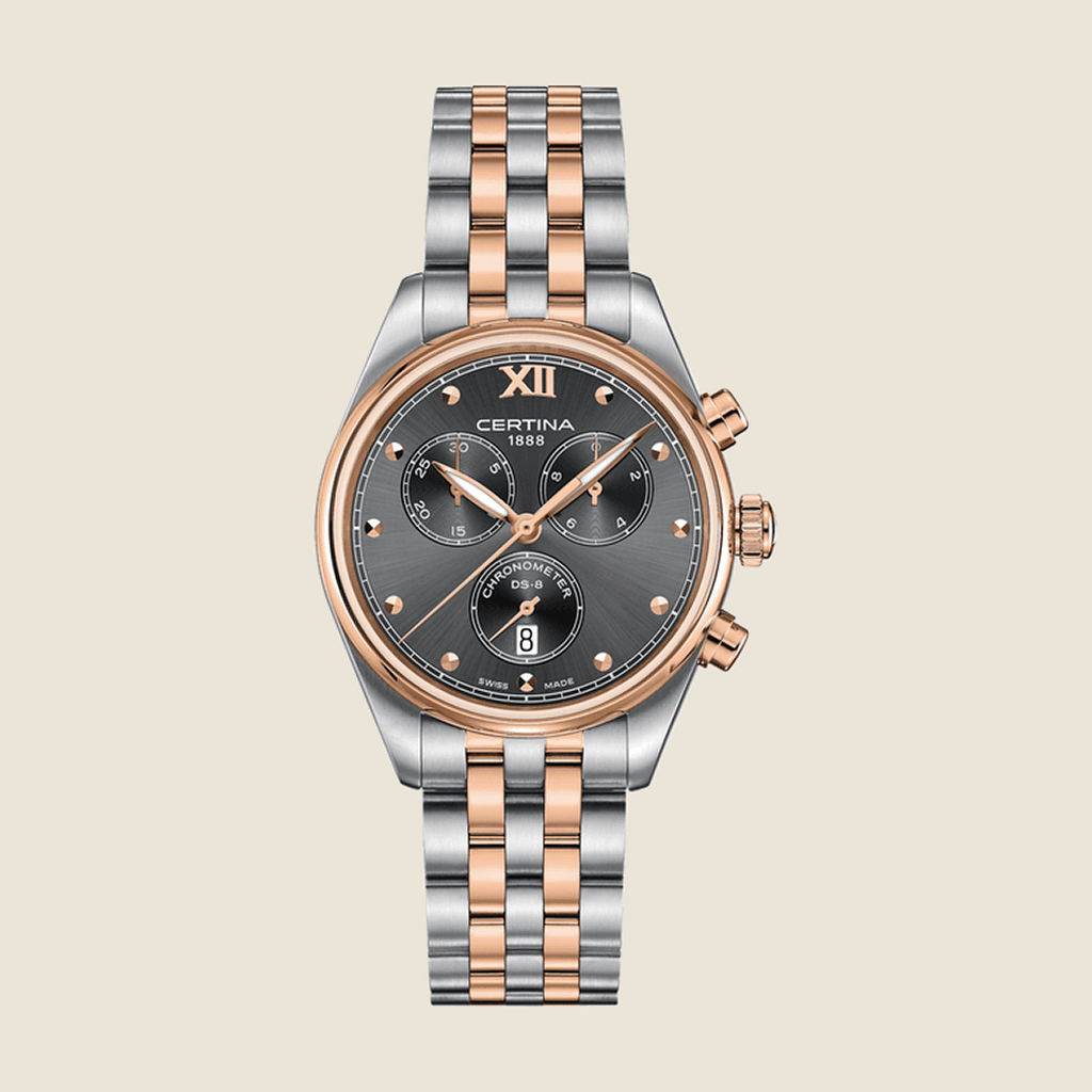 שעון Certina DS-8 Lady Chronograph C033.234.22.088.00 — קוורץ Precidrive, גימור PVD, לוח אפור | Dialoria