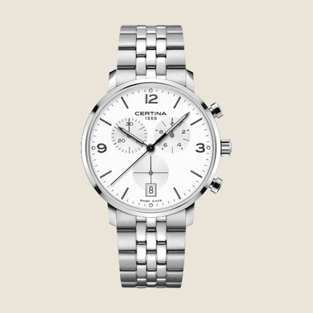 שעון Certina DS Caimano Chronograph C035.417.11.037.00 — קוורץ, לוח כסוף, צמיד פלדה | Dialoria