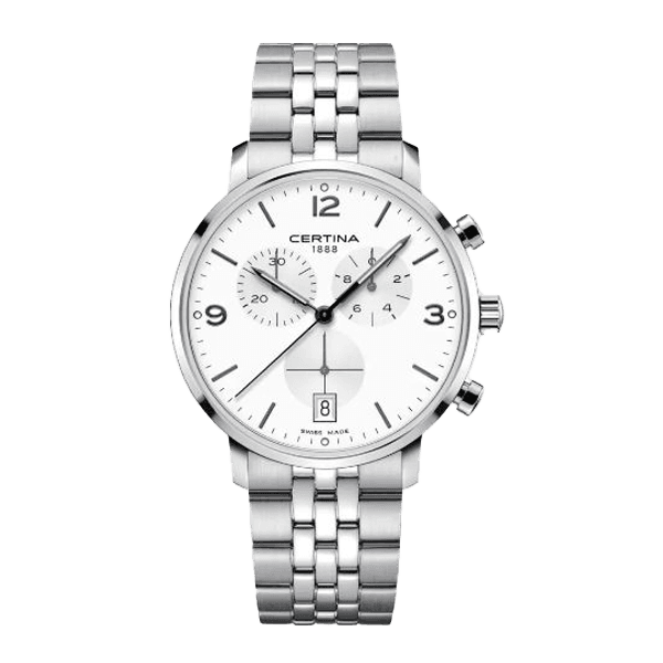 שעון Certina DS Caimano Chronograph C035.417.11.037.00 — קוורץ, לוח כסוף, צמיד פלדה | Dialoria