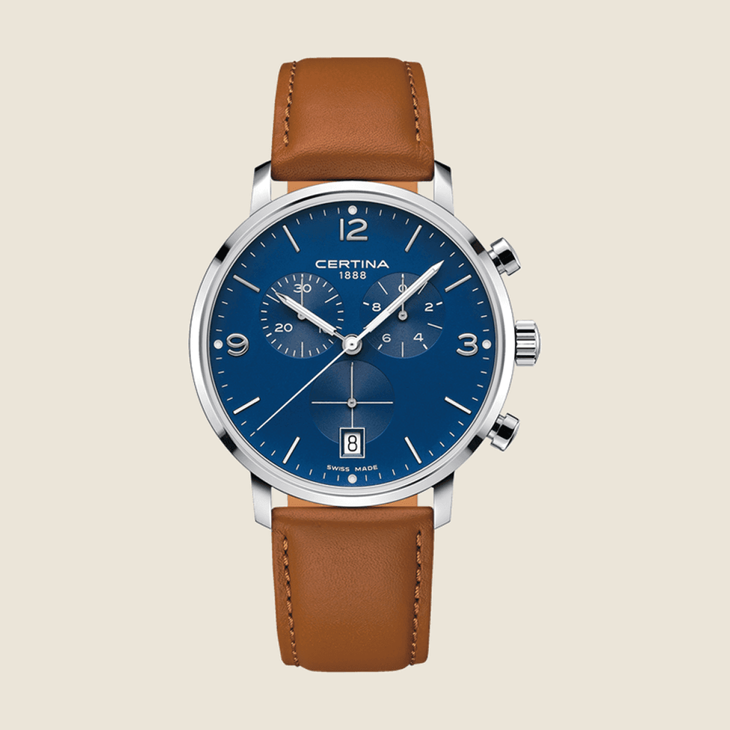 שעון Certina DS Caimano Chronograph C035.417.16.047.00 — קוורץ, לוח כחול, רצועת עור חום | Dialoria