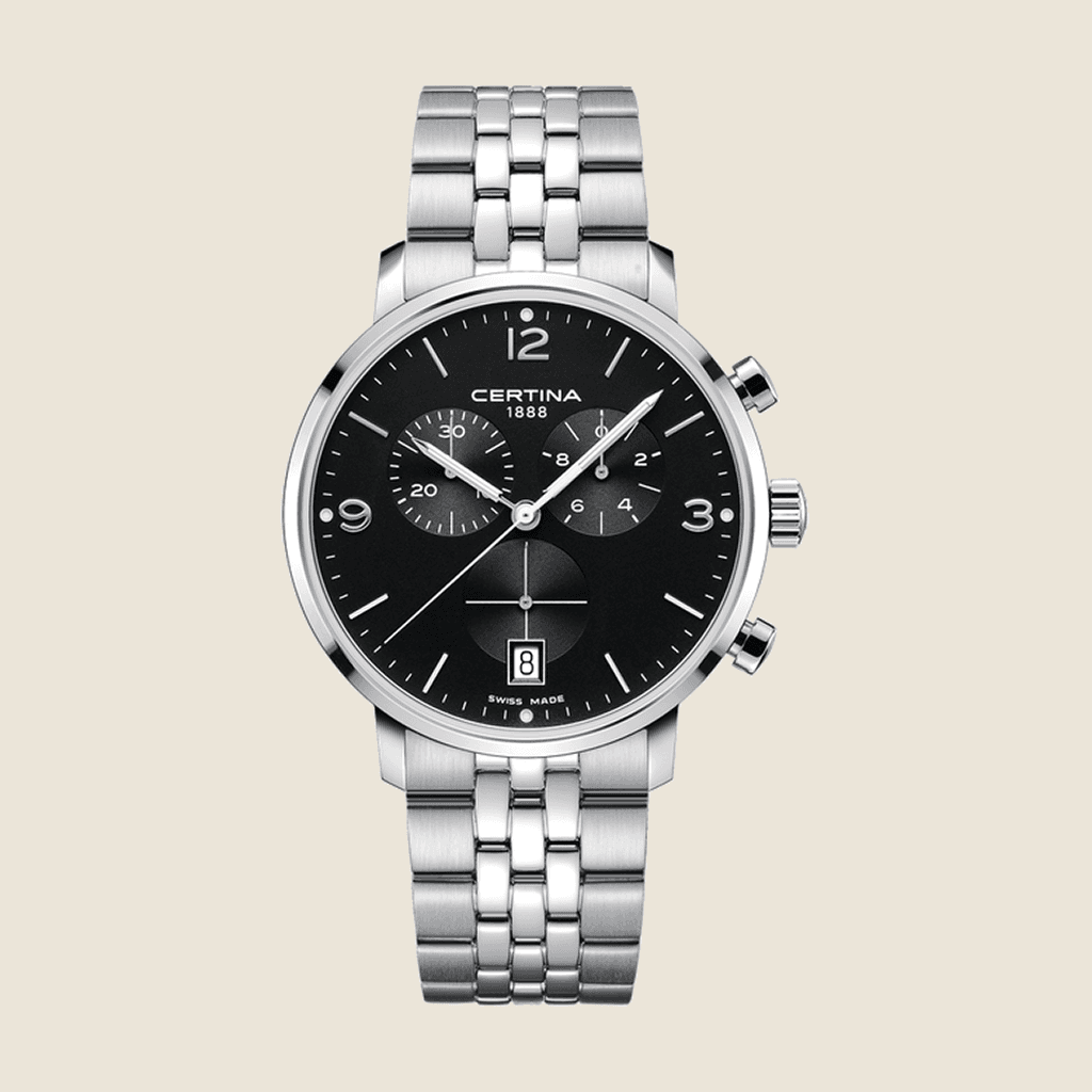 שעון Certina DS Caimano Chronograph CR-0354171105700 — קוורץ, לוח שחור, צמיד פלדה | Dialoria