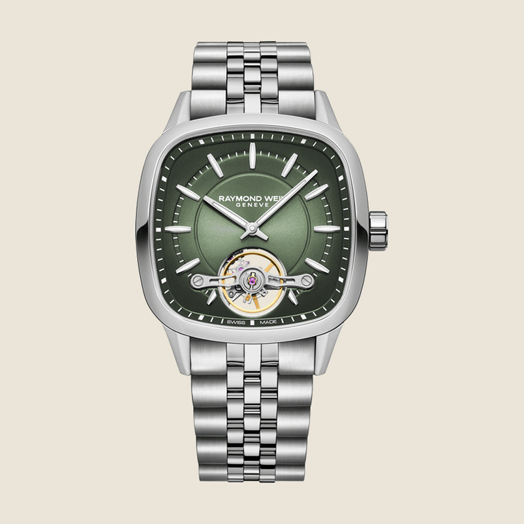 שעון Raymond Weil Freelancer RW1212 2790-ST-52051 לגברים — לוח ירוק, צמיד פלדה, 40mm | Dialoria