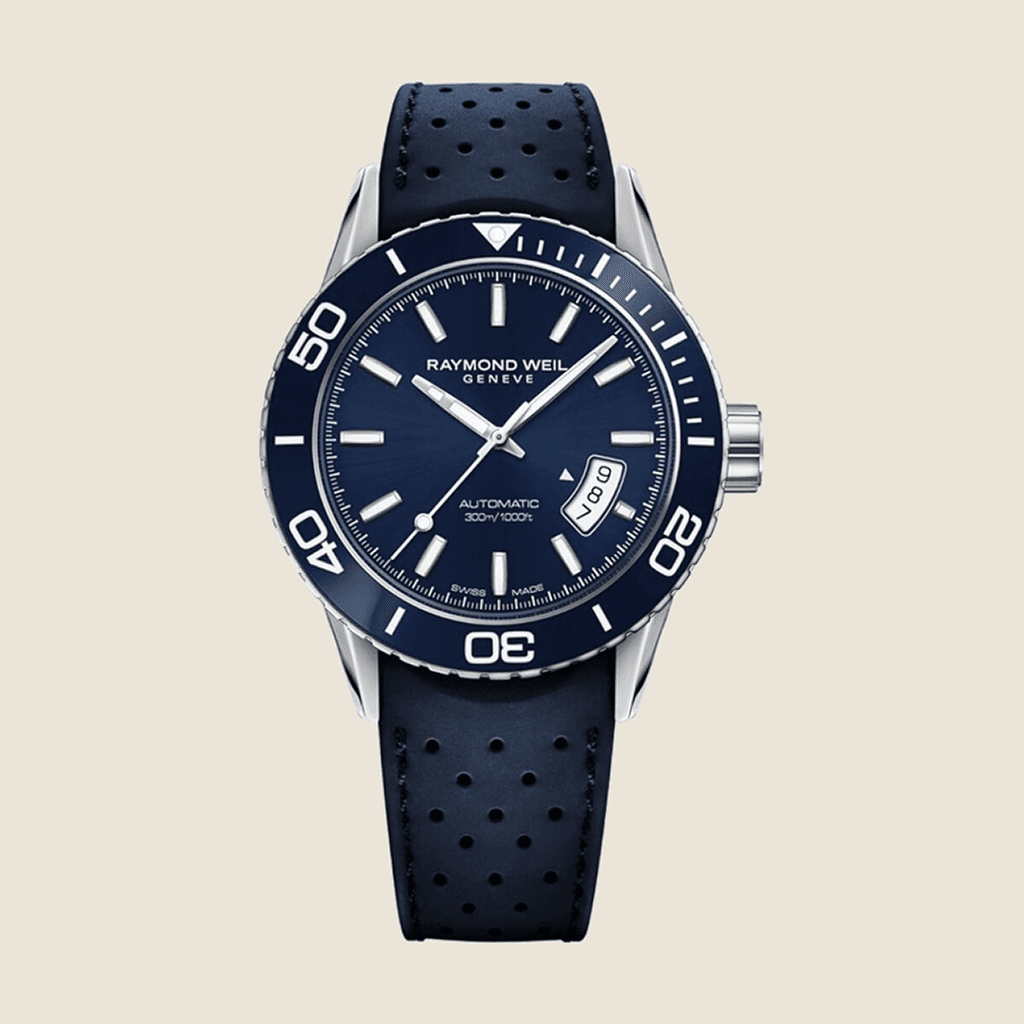 שעון Raymond Weil Freelancer Diver 2760-SR3-SPE02 לגברים — מהדורה מיוחדת, רצועת גומי כחולה, 300m | Dialoria