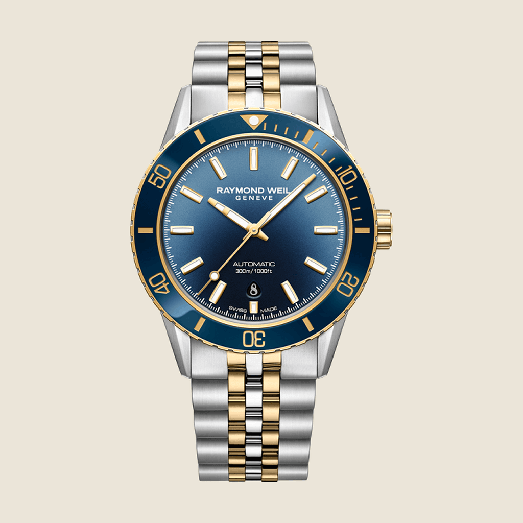שעון Raymond Weil Freelancer Diver 2775-SP3-50051 לגברים — דו-גוני זהב/פלדה, קרמיקה, 300m | Dialoria