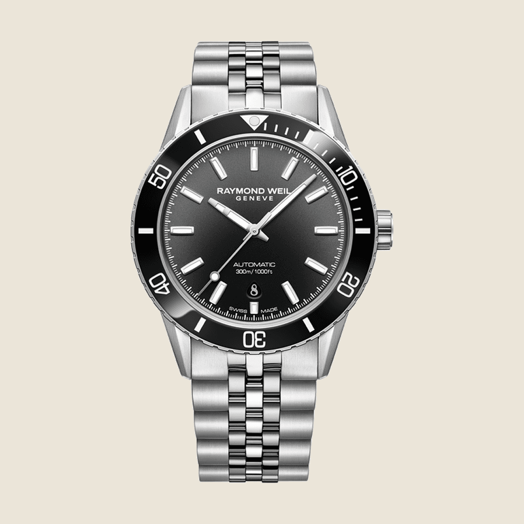 שעון Raymond Weil Freelancer Diver 2775-ST1-20051 לגברים — קרמיקה שחורה, לוח שחור, 300m | Dialoria