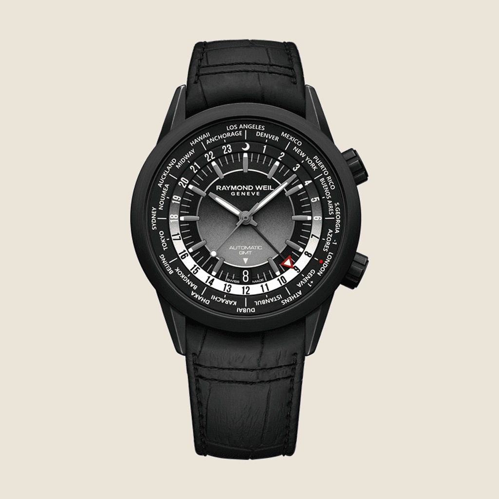 שעון Raymond Weil Freelancer GMT Worldtimer 2765-BKC-20001 לגברים — DLC שחור, 24 אזורי זמן | Dialoria