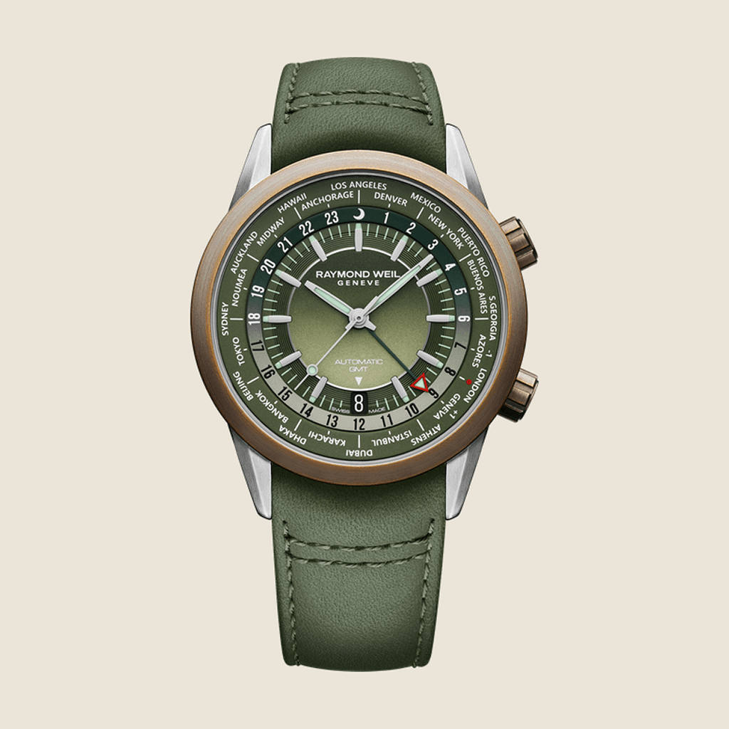 שעון Raymond Weil Freelancer GMT Worldtimer 2765-SBC-52001 לגברים — 24 אזורי זמן, ברונזה, לוח ירוק | Dialoria