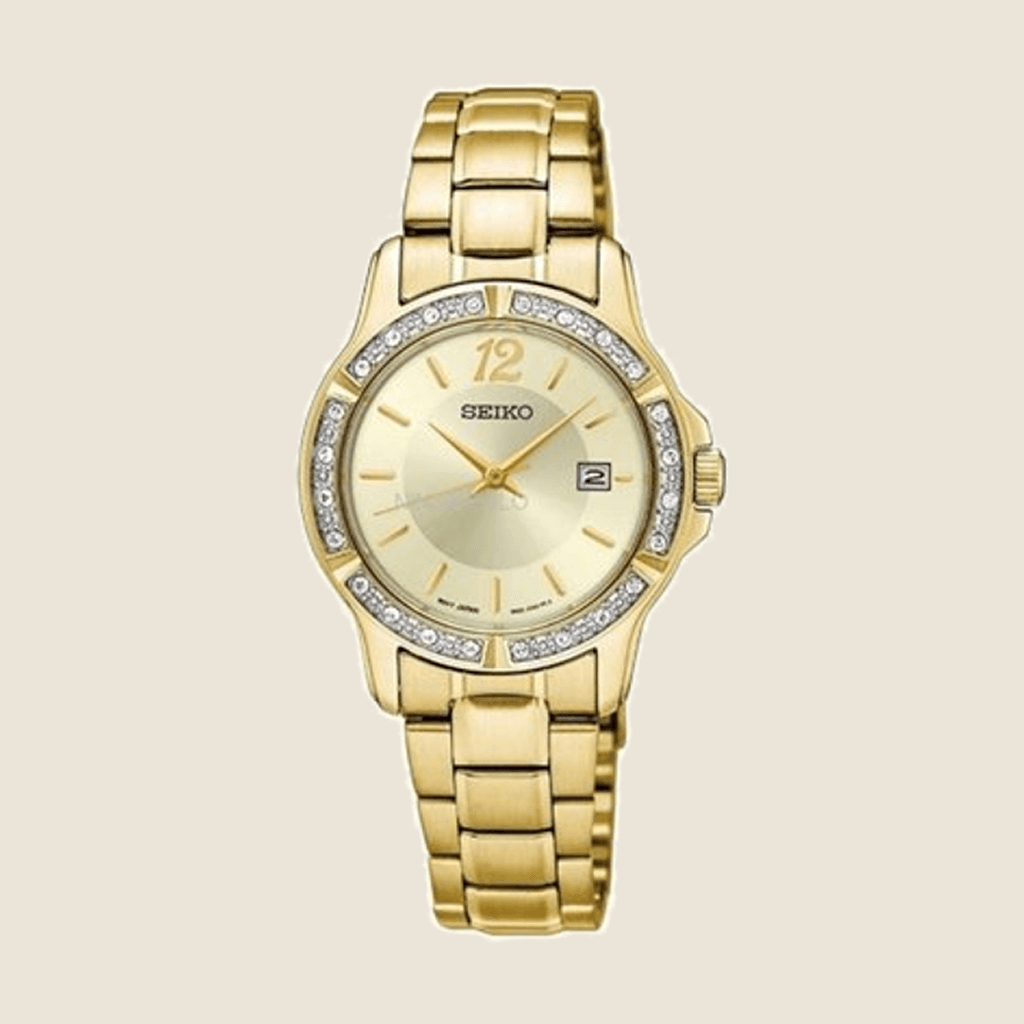 שעון Seiko SUR714P1 לנשים — קוורץ, שיבוץ קריסטלים, לוח זהב | Dialoria