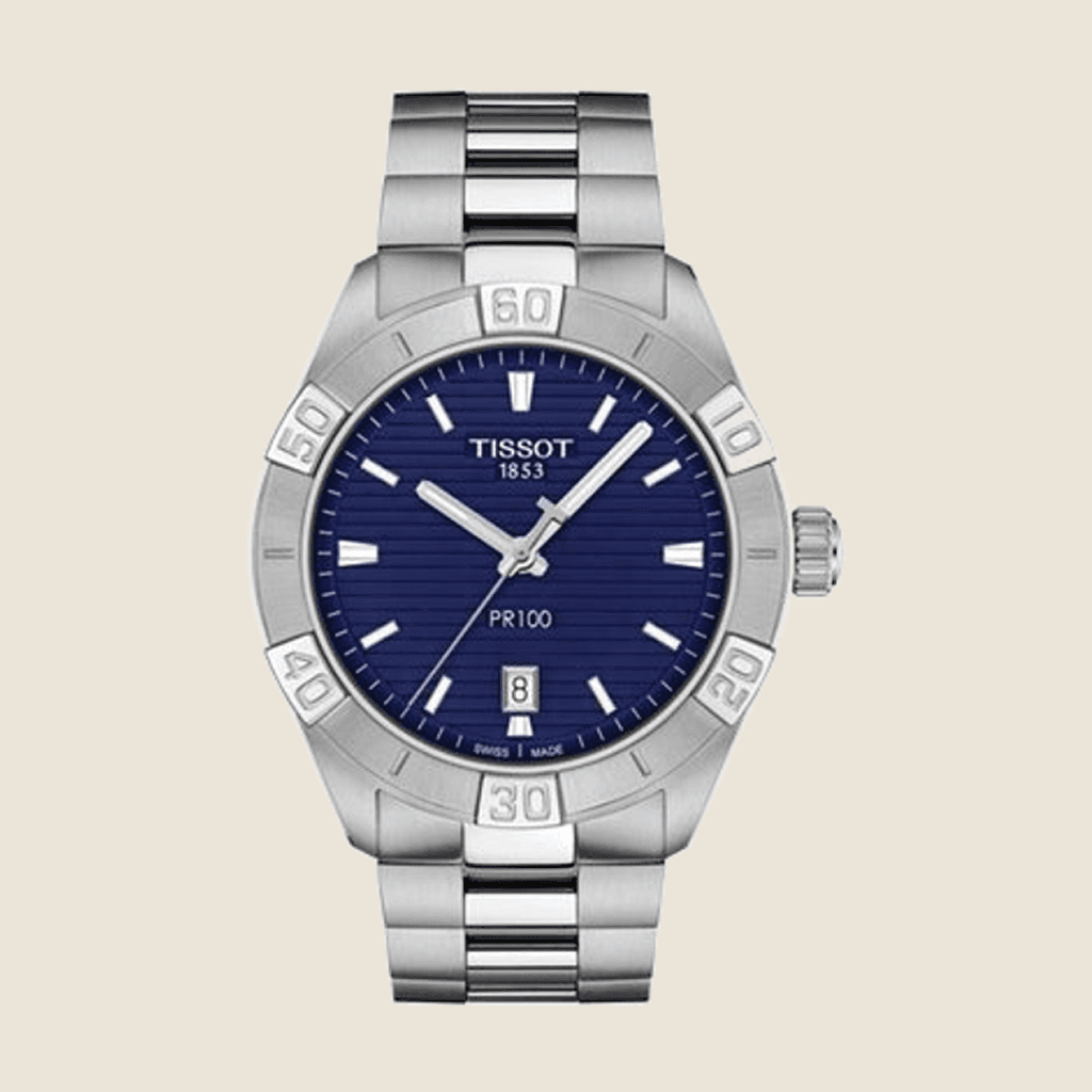 שעון Tissot PR 100 Sport T101.610.11.041.00 לגברים — קוורץ, ספיר, לוח כחול, צמיד פלדה | Dialoria