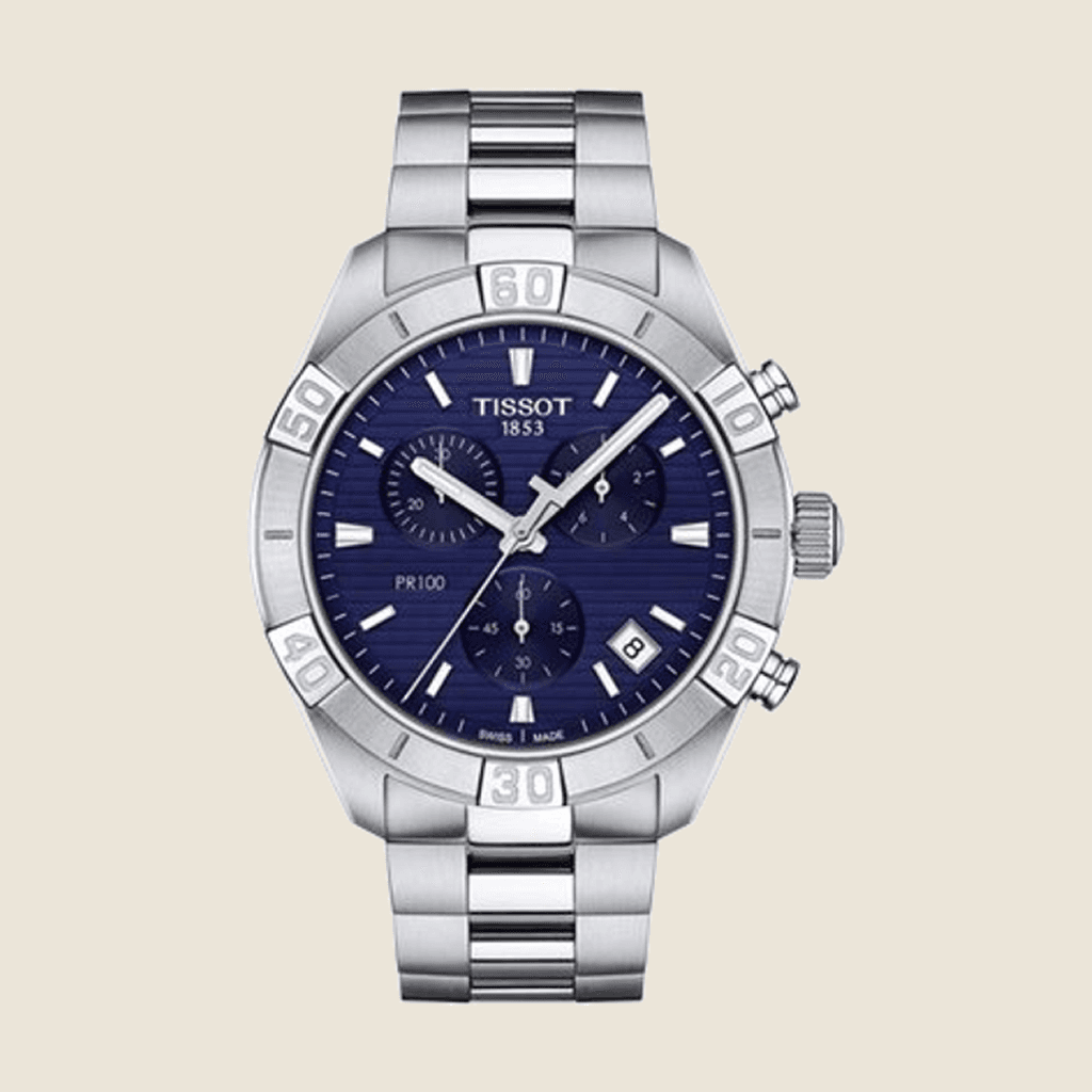 שעון Tissot PR 100 Sport Chrono T101.617.11.041.00 לגברים — כרונוגרף, צמיד פלדה, לוח כסוף | Dialoria