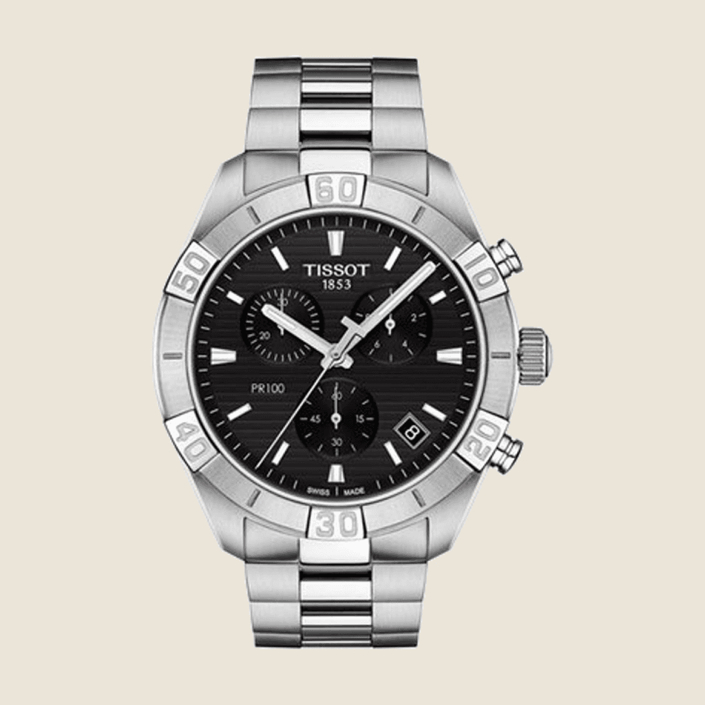 שעון Tissot PR 100 Sport Chrono T101.617.11.051.00 לגברים — כרונוגרף, צמיד פלדה, לוח שחור | Dialoria