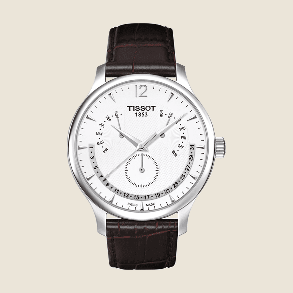 שעון Tissot Tradition Perpetual Calendar T063.637.16.037.00 לגברים — לוח נצחי, לוח כסוף, רצועת עור | Dialoria